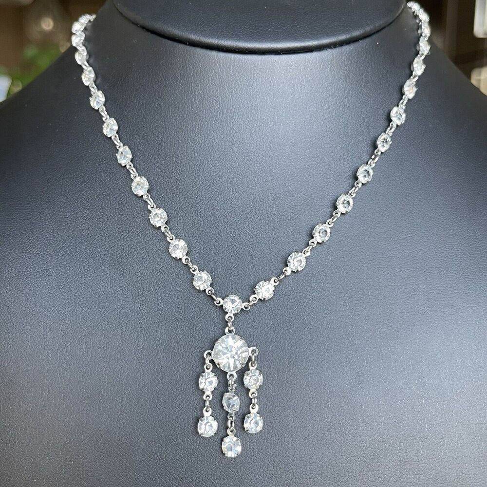 Vintage Art Deco Round Open Back Glass Crystal Necklace Bezel Set Drop Dangles